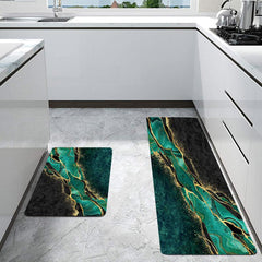 Dark Green Marble Print Kitchen Rug Non-Slip Water Resistant Long Strip Mat