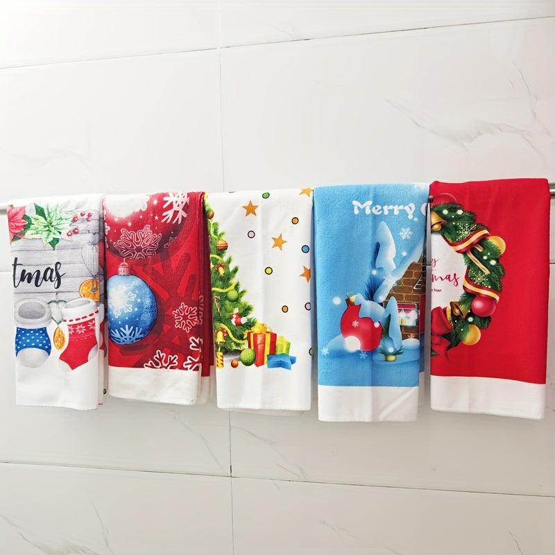 5pcs Polyester Hand Towels Christmas Dish Cloths Cleaning Cloth