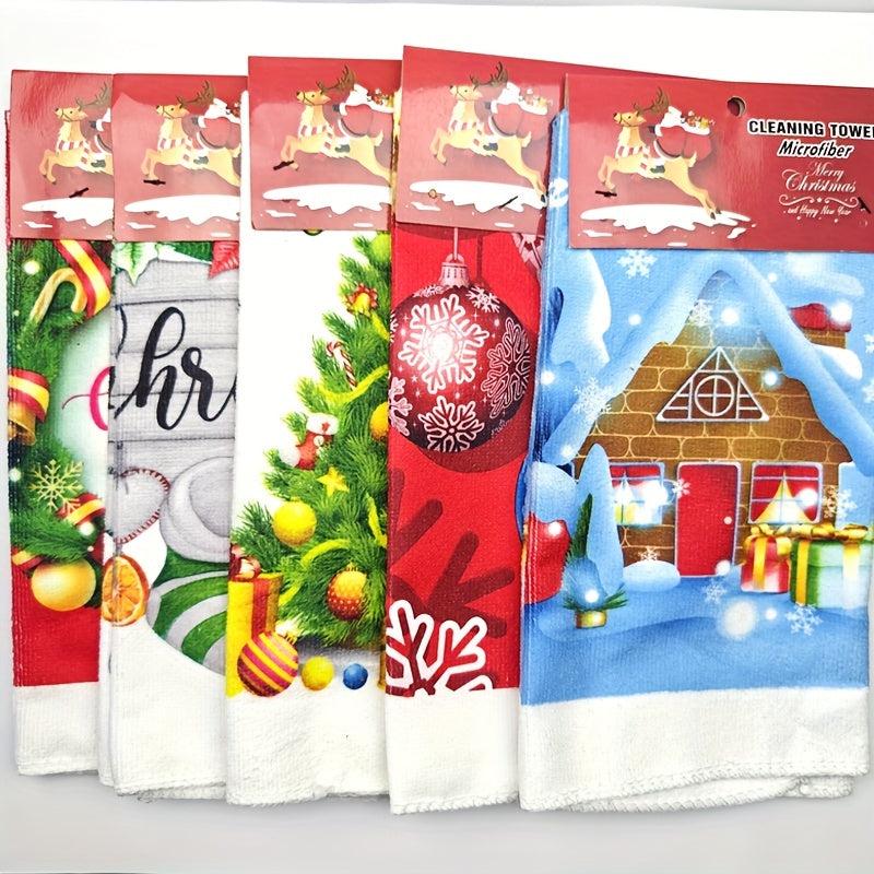 5pcs Polyester Hand Towels Christmas Dish Cloths Cleaning Cloth