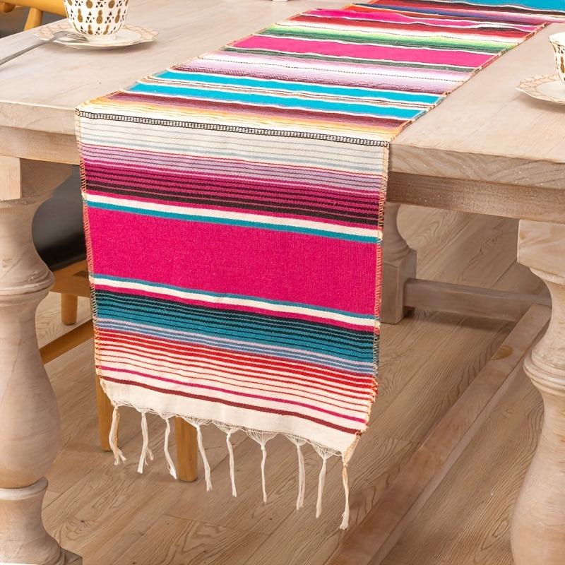 Polyester Rainbow Table Runner w/ Tassel Mexican Decor