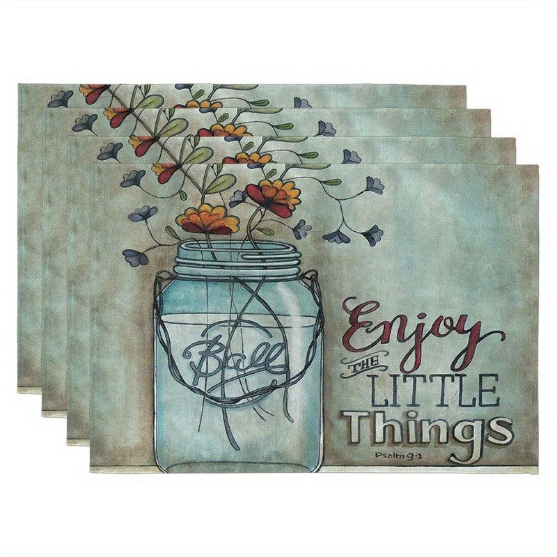4pcs Flower Printed Placemats Waterproof Polyester Linen Printed Placemat