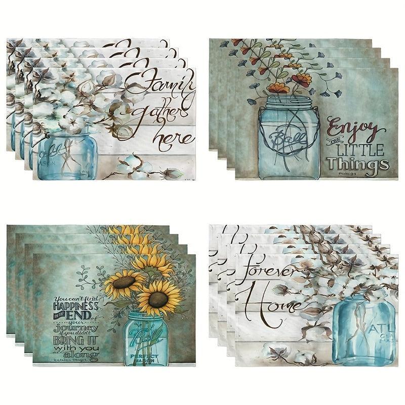 4pcs Flower Printed Placemats Waterproof Polyester Linen Printed Placemat