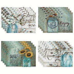 4pcs Flower Printed Placemats Waterproof Polyester Linen Printed Placemat