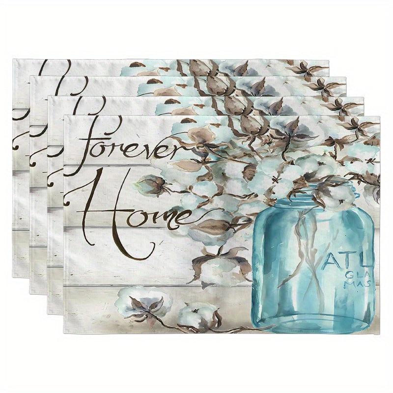 4pcs Flower Printed Placemats Waterproof Polyester Linen Printed Placemat