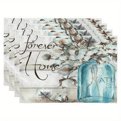 4pcs Flower Printed Placemats Waterproof Polyester Linen Printed Placemat