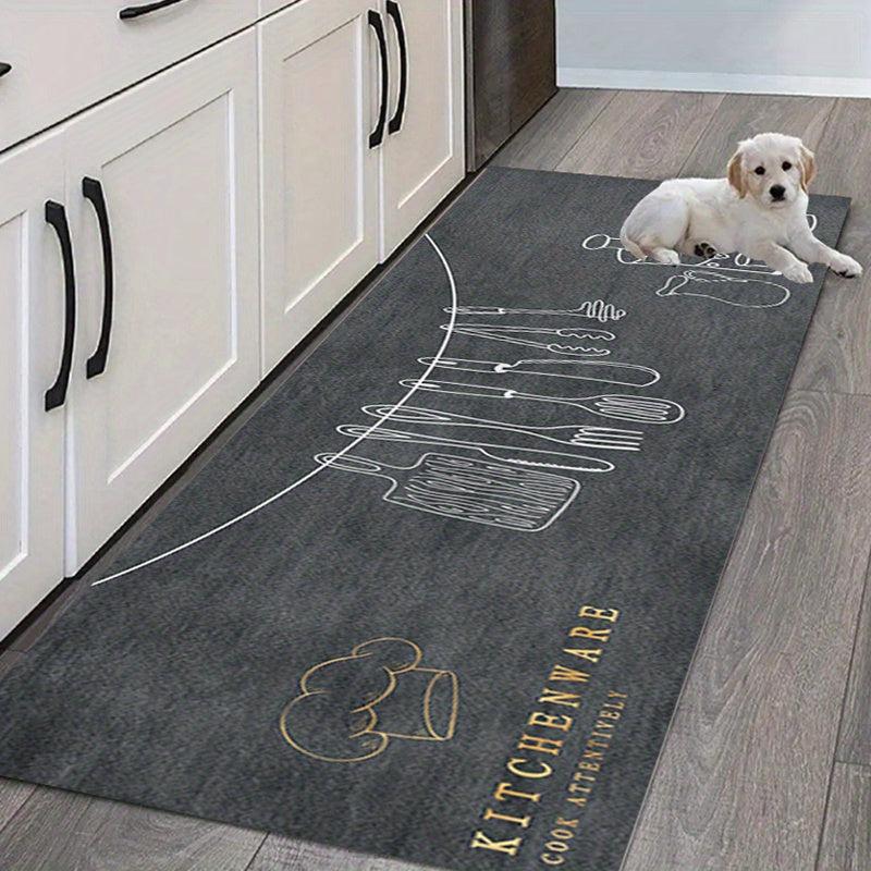 Fabric Felt Bottom Kitchen Rug Dark Gray Utensil Pattern Absorbent Mat