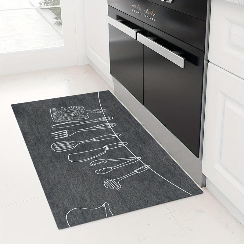 Fabric Felt Bottom Kitchen Rug Dark Gray Utensil Pattern Absorbent Mat