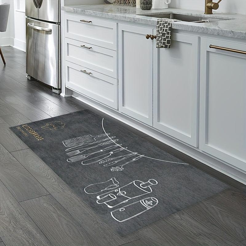 Fabric Felt Bottom Kitchen Rug Dark Gray Utensil Pattern Absorbent Mat