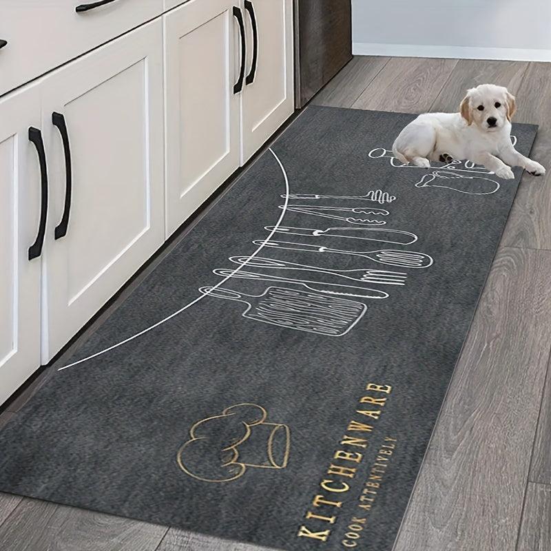 Fabric Felt Bottom Kitchen Rug Dark Gray Utensil Pattern Absorbent Mat