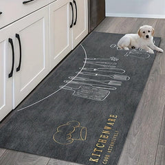Fabric Felt Bottom Kitchen Rug Dark Gray Utensil Pattern Absorbent Mat