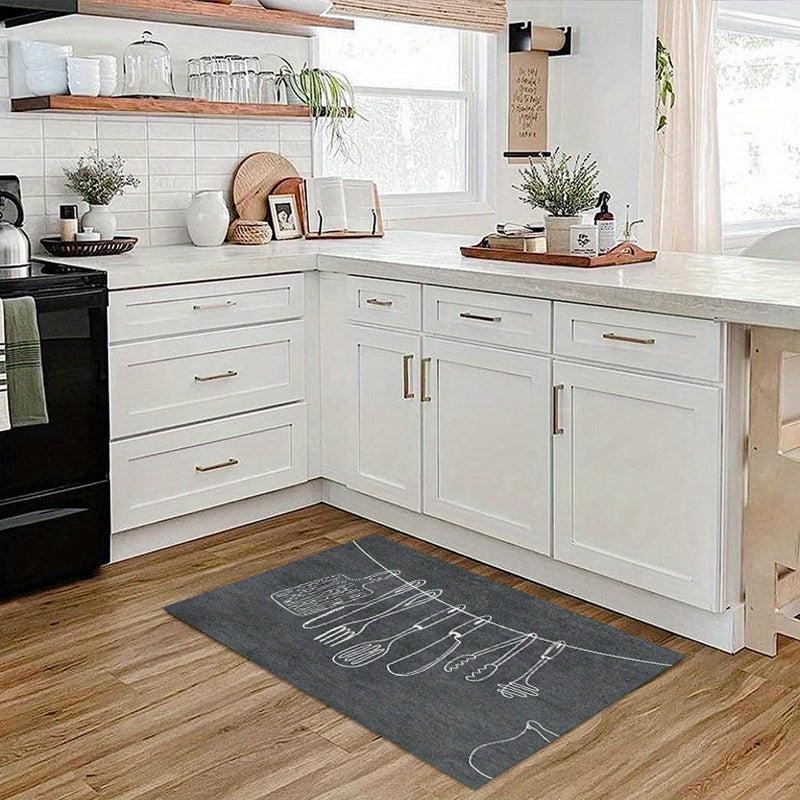 Fabric Felt Bottom Kitchen Rug Dark Gray Utensil Pattern Absorbent Mat