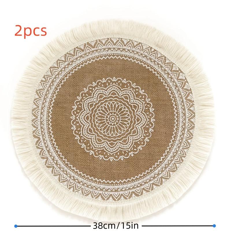 2PCS Boho Jute Placemat Round Woven Table Mat