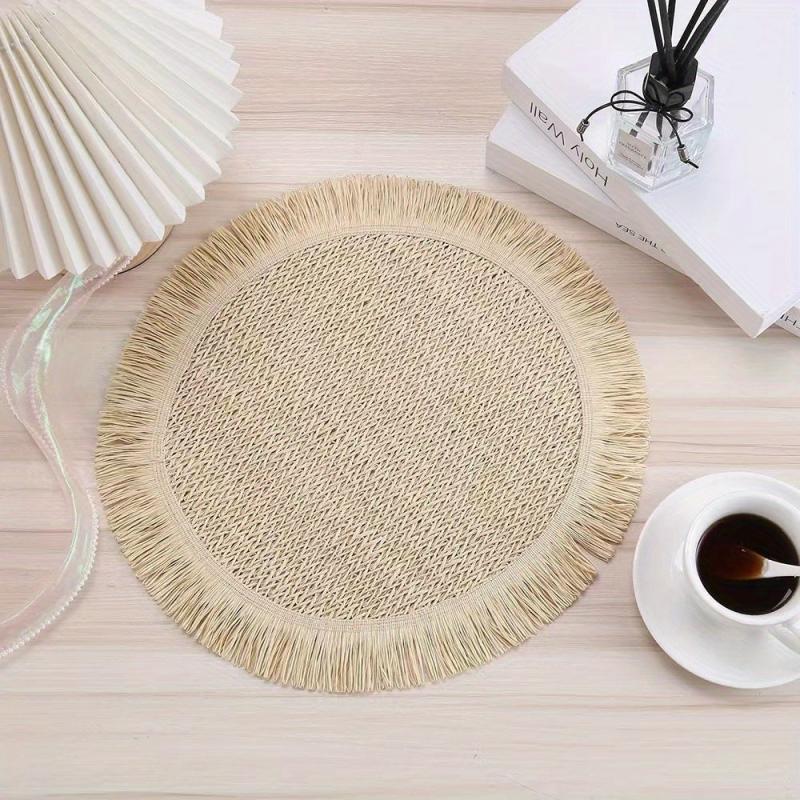4pcs Natural Tassel Placemat Round Table Pad Heat Insulation Mat