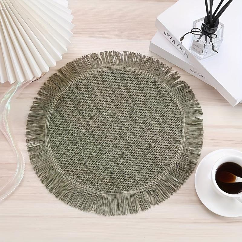 4pcs Natural Tassel Placemat Round Table Pad Heat Insulation Mat