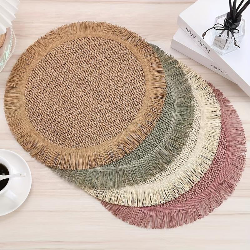 4pcs Natural Tassel Placemat Round Table Pad Heat Insulation Mat