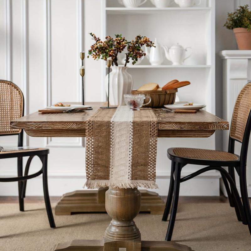 Polyester Blend Table Runner Cotton And Hemp Splicing With Fringe Tassels