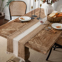 Polyester Blend Table Runner Cotton And Hemp Splicing With Fringe Tassels