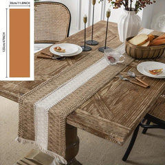 Polyester Blend Table Runner Cotton And Hemp Splicing With Fringe Tassels