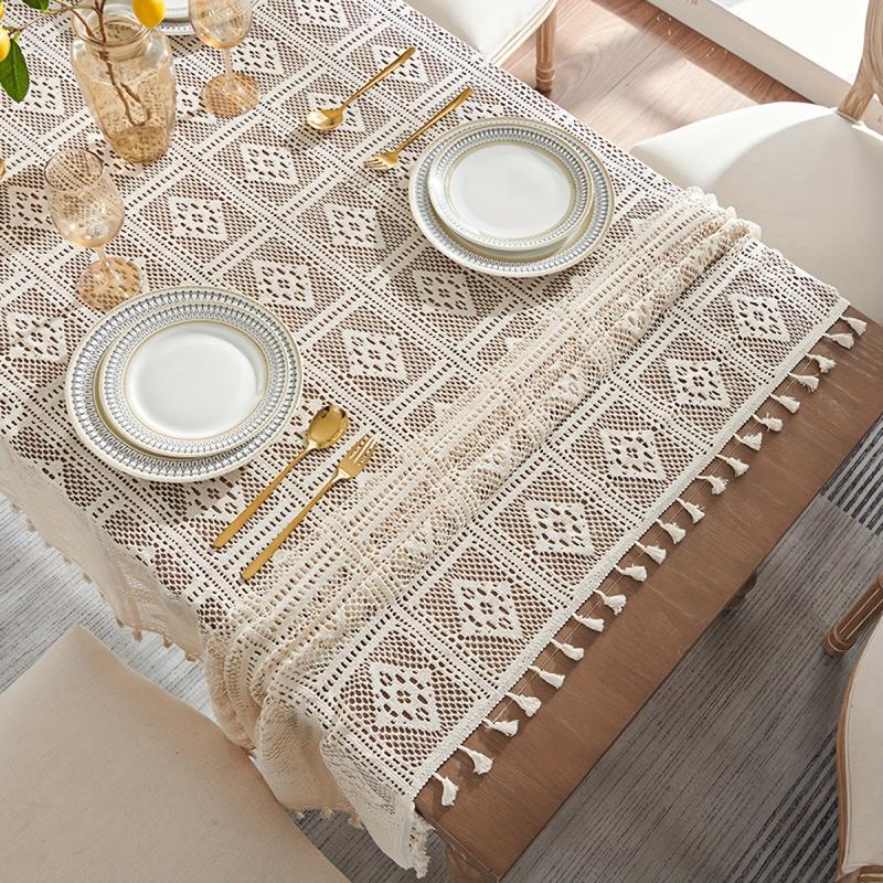 Linen Cotton Blend Crochet Tablecloth with Tassel - Beige
