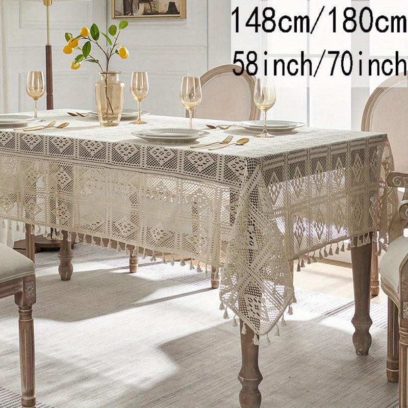 Linen Cotton Blend Crochet Tablecloth with Tassel - Beige