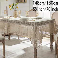 Linen Cotton Blend Crochet Tablecloth with Tassel - Beige