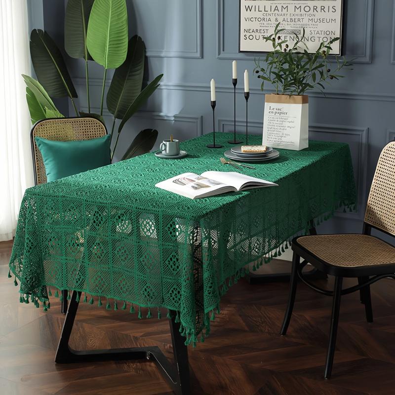 Linen Cotton Blend Crochet Tablecloth with Tassel - Beige