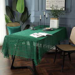 Linen Cotton Blend Crochet Tablecloth with Tassel - Beige