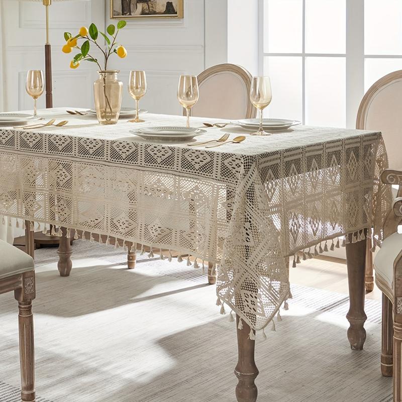 Linen Cotton Blend Crochet Tablecloth with Tassel - Beige