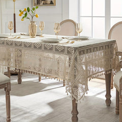 Linen Cotton Blend Crochet Tablecloth with Tassel - Beige
