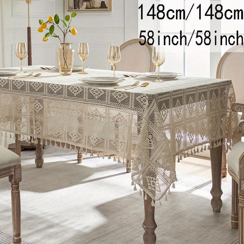 Linen Cotton Blend Crochet Tablecloth with Tassel - Beige