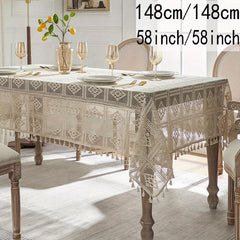 Linen Cotton Blend Crochet Tablecloth with Tassel - Beige