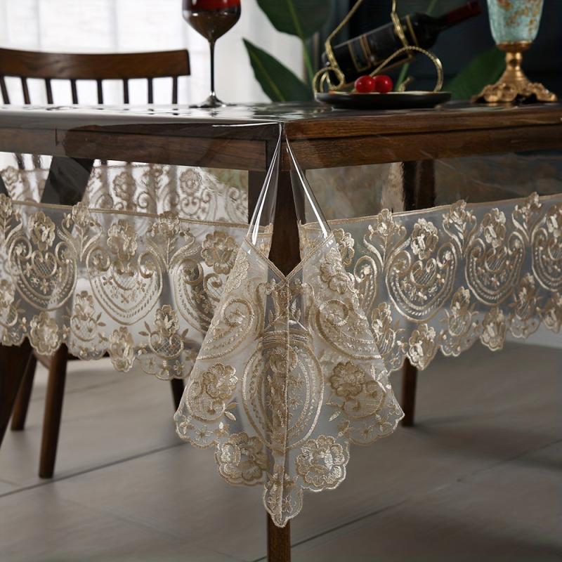 Vinyl PVC Rectangle Tablecloth Clear Table Cover With Lace Macrame Border
