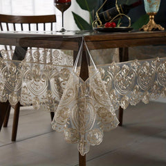 Vinyl PVC Rectangle Tablecloth Clear Table Cover With Lace Macrame Border