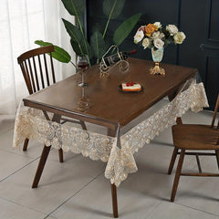 Vinyl PVC Rectangle Tablecloth Clear Table Cover With Lace Macrame Border