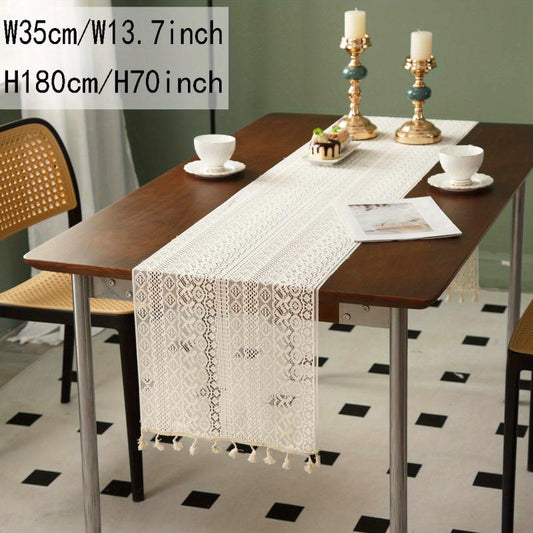 Beige Linen Table Runner Vintage Crochet Knitting Lace Tassel Desktop Decoration