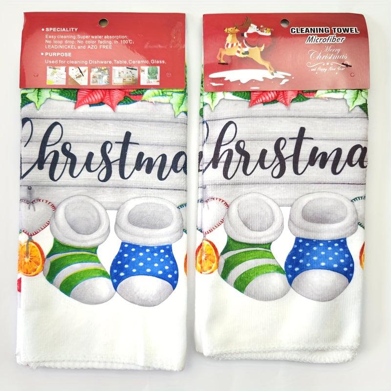 2pcs Christmas Hand Towels: Socks Pattern Scouring Pad Merry Christmas Dish Clot
