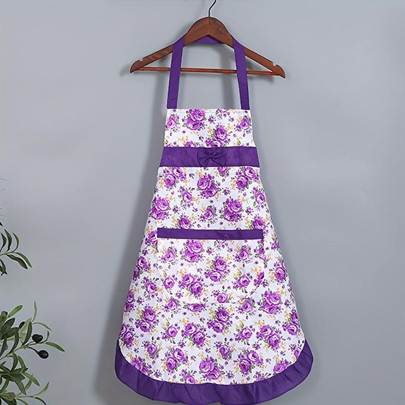 Polyester Flower Printed Waterproof Apron with Pocket
