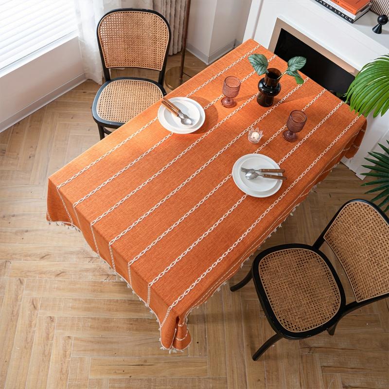 1pc Cotton Blend Orange Embroidered Stripes Tablecloth