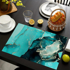 4pc Linen Marble Pattern Placemat Retro Teal Abstract Art Painting Table Runner