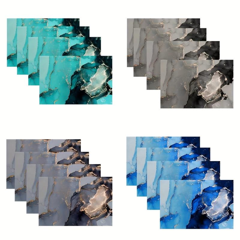 4pc Linen Marble Pattern Placemat Retro Teal Abstract Art Painting Table Runner