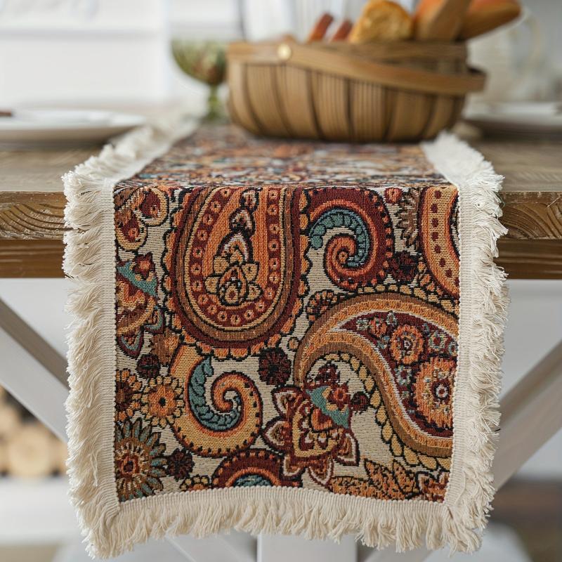 Embroidered Cashew Table Runner with Tassel Polyester Blend Table Flag