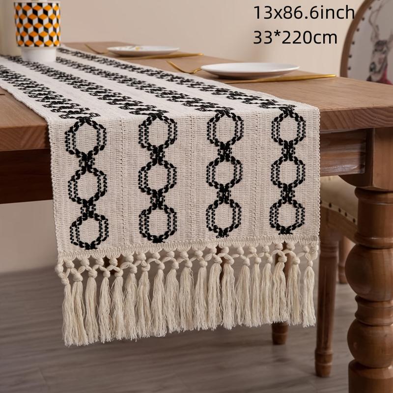 Farmhouse Style Table Runner Braided Stripe Boho Table Runner With Tassels