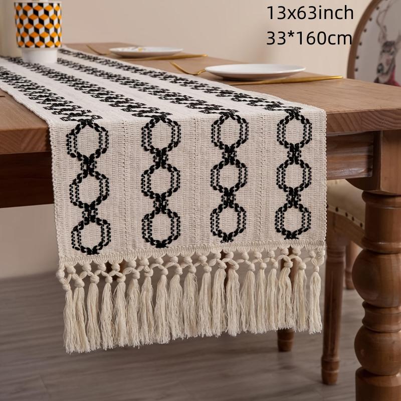 Farmhouse Style Table Runner Braided Stripe Boho Table Runner With Tassels