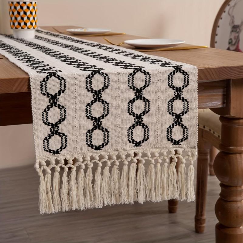 Farmhouse Style Table Runner Braided Stripe Boho Table Runner With Tassels