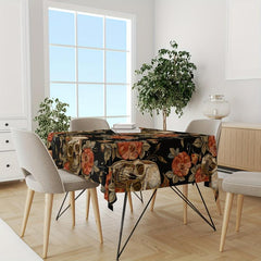 Skull Floral Pattern Tablecloth Red Rose Peony Leaf Halloween Of The Dead