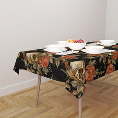 Skull Floral Pattern Tablecloth Red Rose Peony Leaf Halloween Of The Dead