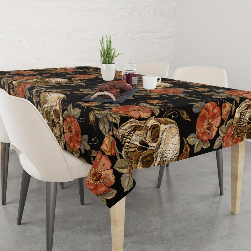 Skull Floral Pattern Tablecloth Red Rose Peony Leaf Halloween Of The Dead