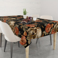 Skull Floral Pattern Tablecloth Red Rose Peony Leaf Halloween Of The Dead