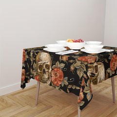 Skull Floral Pattern Tablecloth Red Rose Peony Leaf Halloween Of The Dead