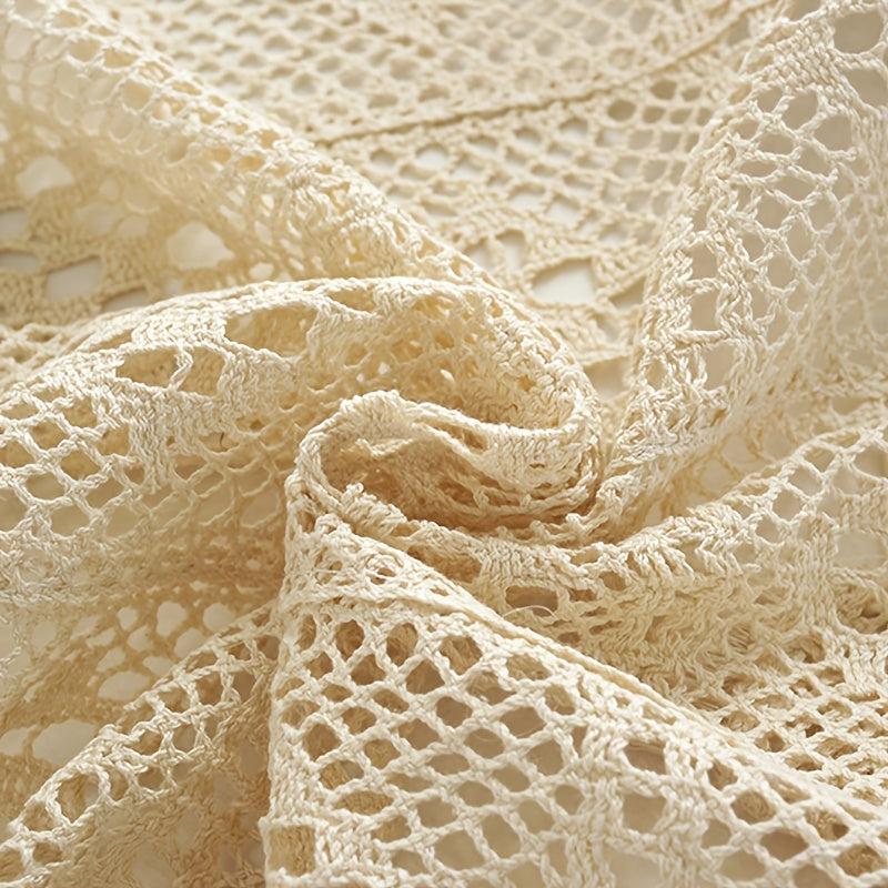 Vintage Crochet Table Cover Beige Square Tassel Lace Doily